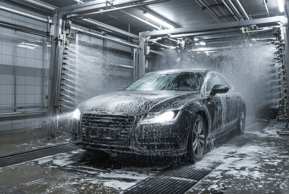 ClearBay Auto Wash FAQ area with service board in soft light